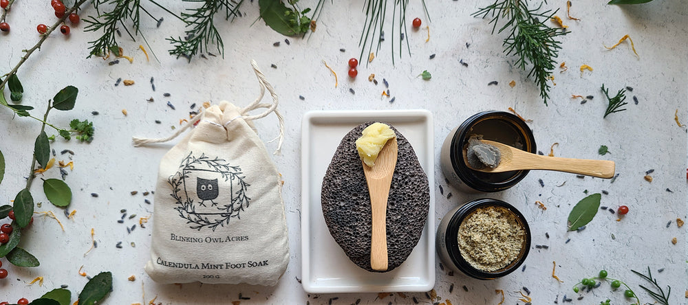 Foot Care Kit with scooped Foot Balm, Foot Mask, Foot Scrub, Herbal Foot Soak and a Lava Pumice Stone