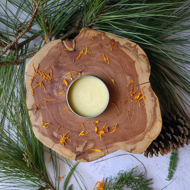 Top view open tin Calendula Mint Hand and Foot Rescue Balm rich creamy color and thick texture healing salve