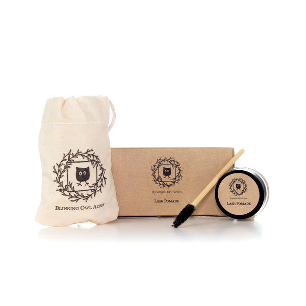 Lash Pomade glass jar, bamboo mascara wand, cotton carrying case, kraft box